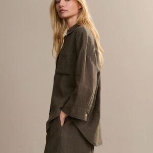 Jenni Kayne Logan Oversized Linen Shirt Dark Moss L